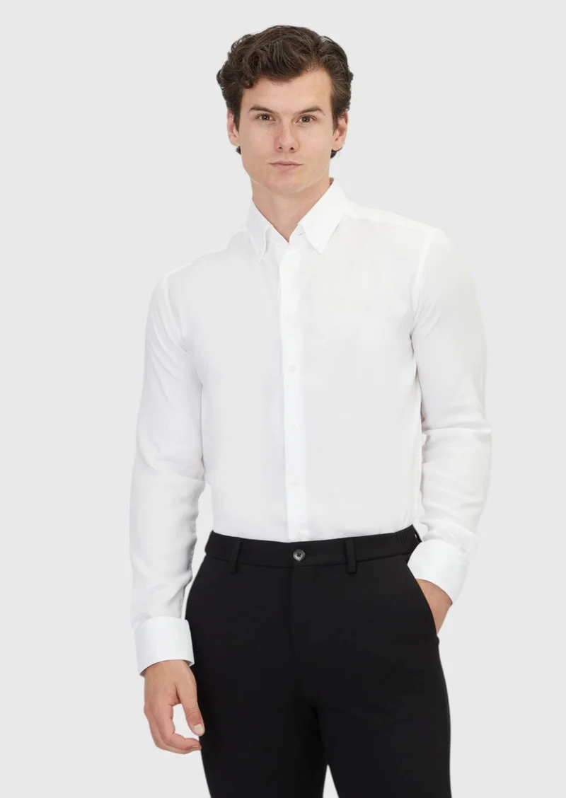 RAMSEY White Plain Regular Fit Long Weaving Classical Cotton Blended Shirt