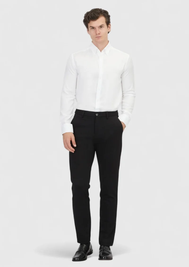 RAMSEY White Plain Regular Fit Long Weaving Classical Cotton Blended Shirt