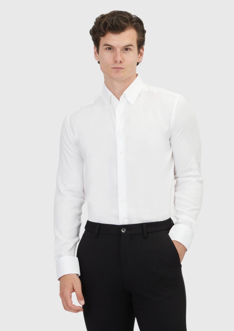 RAMSEY White Plain Regular Fit Long Weaving Classical Cotton Blended Shirt - Image 1