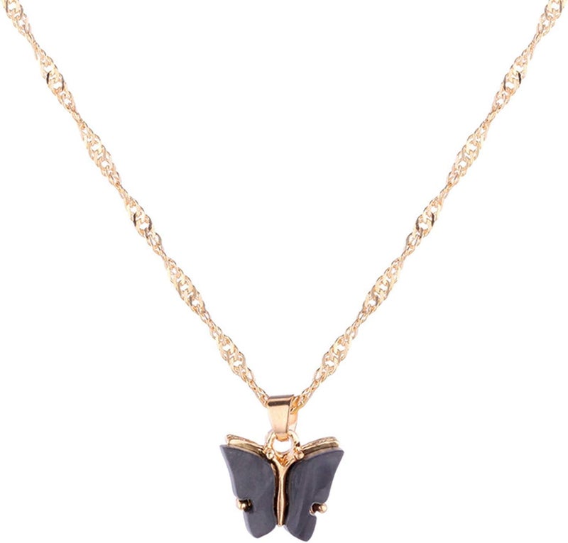 Sweet Acrylic Butterfly Necklace 3D Butterfly Pendant Clavicle Chain Women Choker Jewellery Gift Accessories,Black