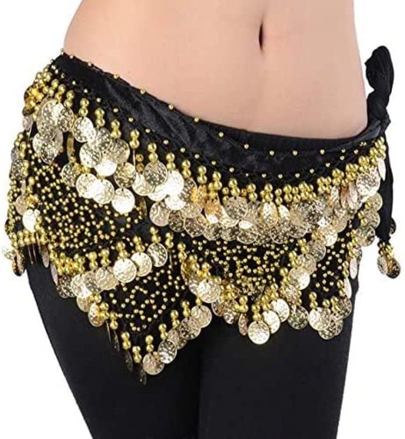 Women's Sweet Bellydance Hip Scarf with Gold Coins Skirts Wrap Noisy black - Image 5