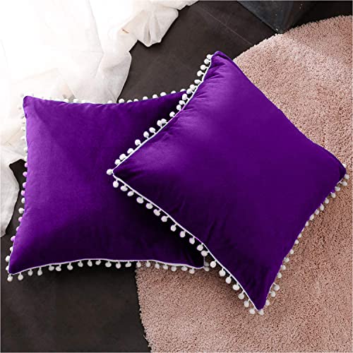 CottonFry Set of 2 Cushion Covers/Throw Pillow Covers Size 24"X24" Inches with Pom Poms, Soft Square Velvet Pillowcases Home Decor (Purple, Pack of 2) - Image 2