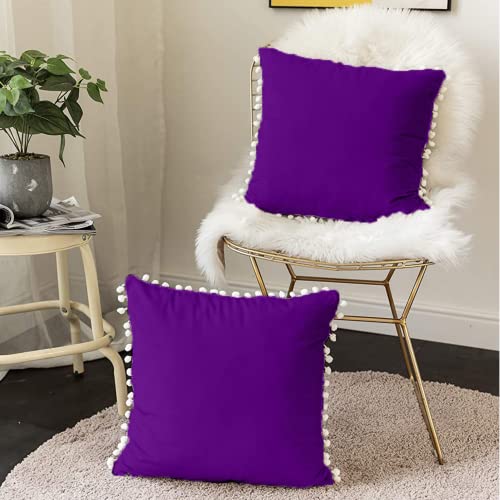 CottonFry Set of 2 Cushion Covers/Throw Pillow Covers Size 24"X24" Inches with Pom Poms, Soft Square Velvet Pillowcases Home Decor (Purple, Pack of 2) - Image 3