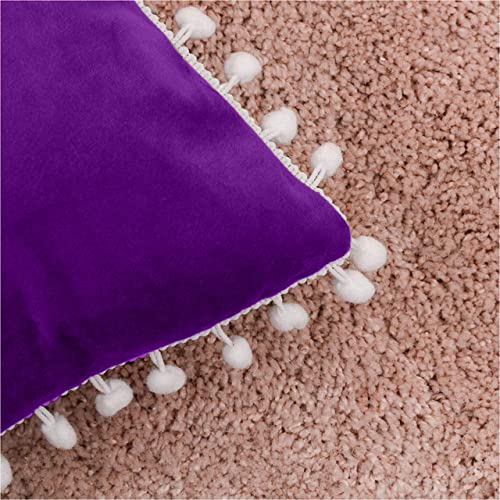 CottonFry Set of 2 Cushion Covers/Throw Pillow Covers Size 24"X24" Inches with Pom Poms, Soft Square Velvet Pillowcases Home Decor (Purple, Pack of 2) - Image 4