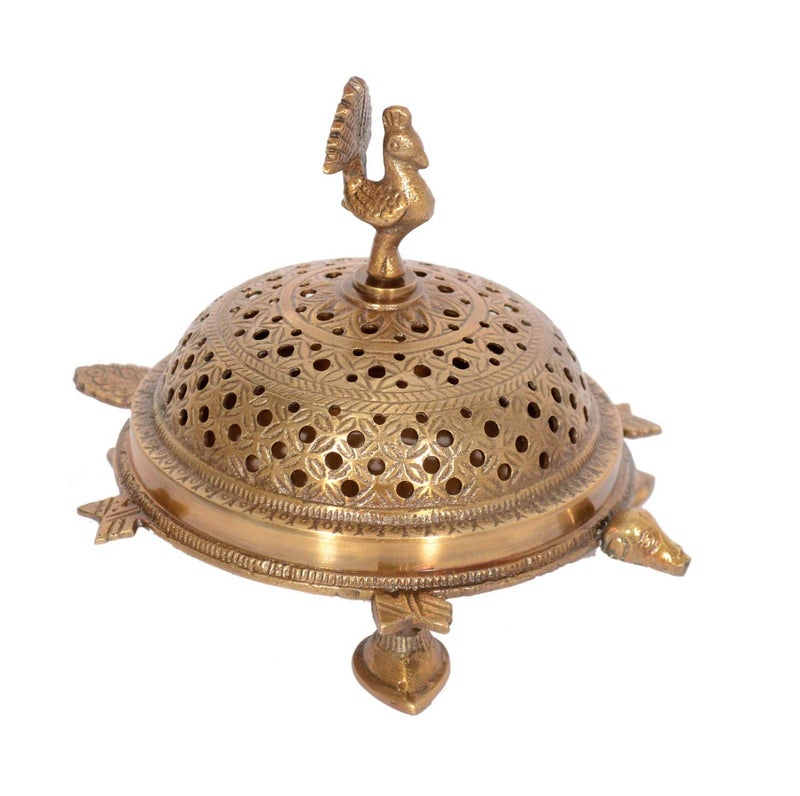 Skywalk Handcrafted Brass Peacock Incense Burner on a 3-Legged Tortoise Stand (Brown) - Image 1