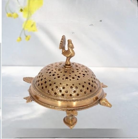 Skywalk Handcrafted Brass Peacock Incense Burner on a 3-Legged Tortoise Stand (Brown) - Image 2
