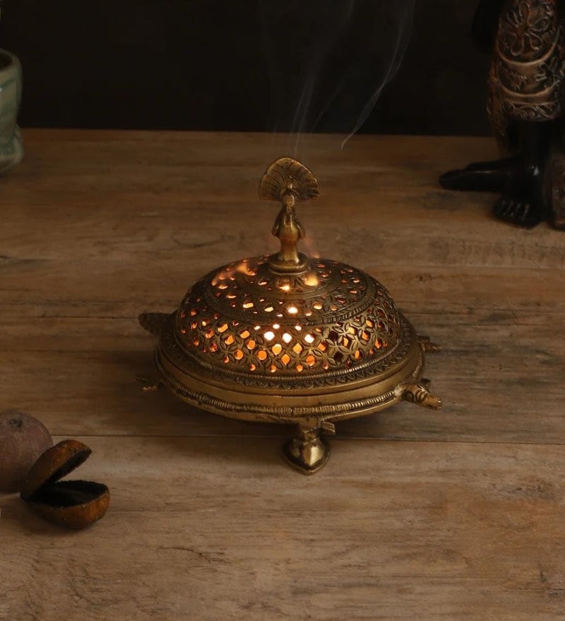 Skywalk Handcrafted Brass Peacock Incense Burner on a 3-Legged Tortoise Stand (Brown) - Image 3