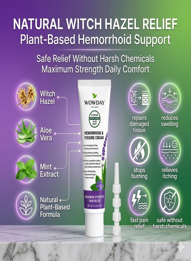 WowDay Hemorrhoid Cream with Witch Hazel - Maximum Strength Hemorrhoids and Anal Fissure Cream - External and Internal Hemorrhoid Treatment for Burn Pain Relief and Anal Itch Ointment - Image 3