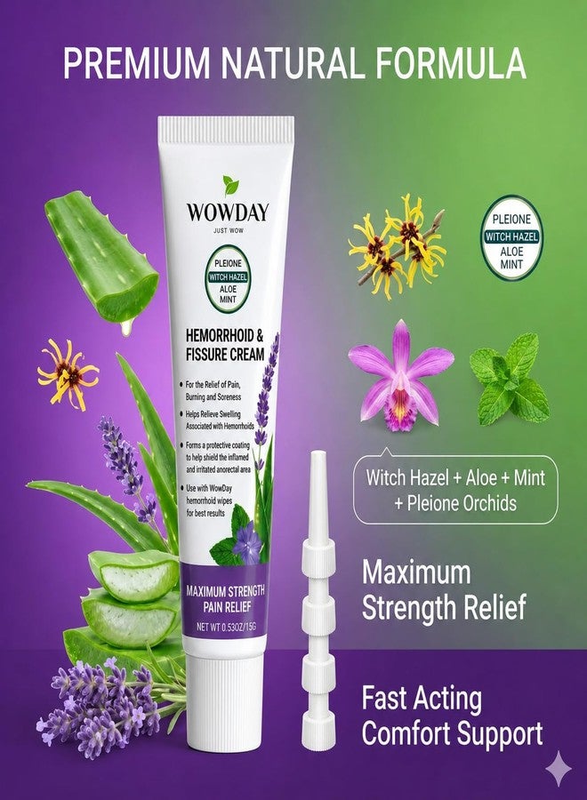 WowDay Hemorrhoid Cream with Witch Hazel - Maximum Strength Hemorrhoids and Anal Fissure Cream - External and Internal Hemorrhoid Treatment for Burn Pain Relief and Anal Itch Ointment - Image 2