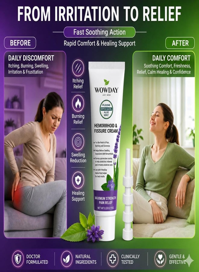 WowDay Hemorrhoid Cream with Witch Hazel - Maximum Strength Hemorrhoids and Anal Fissure Cream - External and Internal Hemorrhoid Treatment for Burn Pain Relief and Anal Itch Ointment - Image 5