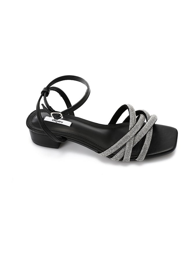 DejaVu Black Mid Heel Strassy Sandals  - Image 5