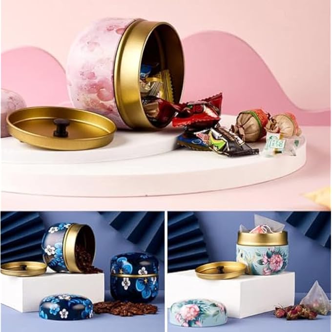 Khazna Metal Empty Tins Box Round Gift Candy Loose Tea Storage Organizer Flower Tinplate Containers Mini Reusable For Wedding Party Favor Gifts For Tea Coffee Herb Candy Chocolate Sugar Spices 4 Pcs - Image 3