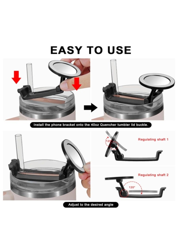 OASIS-TH 1 Pack Water Bottle Phone Holder for Stanley 40oz Quencher Tumbler Cup Lid, Compatible with MagSafe, with Magnetic Ring Attachment, Phone Stand Mount, Portable, Rotatable Black  - Image 4