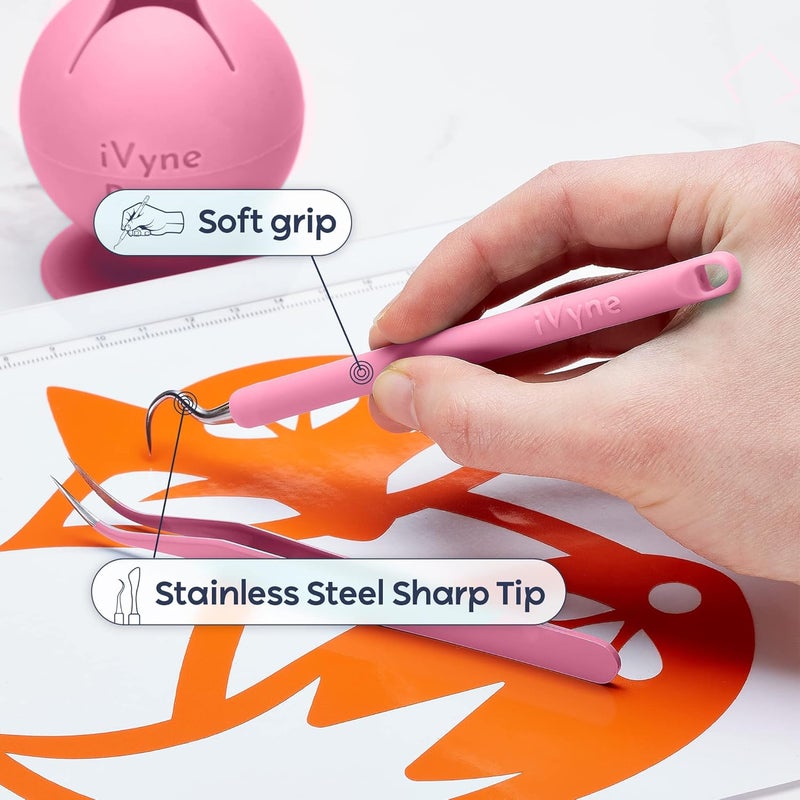 iVyne (8pcs) Premium Vinyl Weeding Tool Kit & Weeding Scrap Collector Soft Grip Tools with Berry, Weeder, Tweezers, Picker Or Hook, and Scraper Set for Silhouette Cameos & HTV- Pink - Image 3