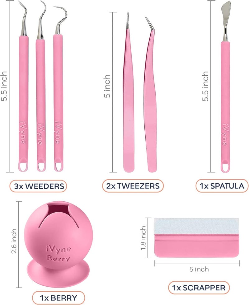 iVyne (8pcs) Premium Vinyl Weeding Tool Kit & Weeding Scrap Collector Soft Grip Tools with Berry, Weeder, Tweezers, Picker Or Hook, and Scraper Set for Silhouette Cameos & HTV- Pink - Image 2