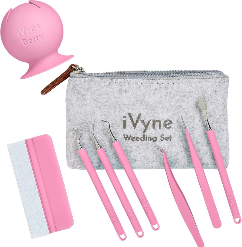 iVyne (8pcs) Premium Vinyl Weeding Tool Kit & Weeding Scrap Collector Soft Grip Tools with Berry, Weeder, Tweezers, Picker Or Hook, and Scraper Set for Silhouette Cameos & HTV- Pink - Image 1