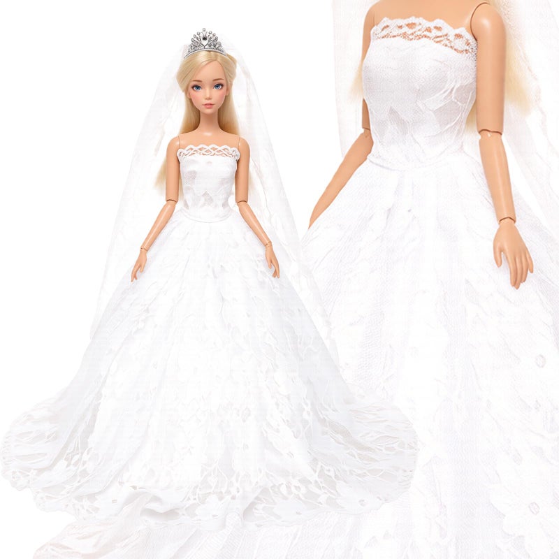 BARWA White Wedding Dress with Veil and Princess Evening Party Clothes Wears Gown Dress Outfit with Hat for 11.5 Inch Girl Doll - Image 4