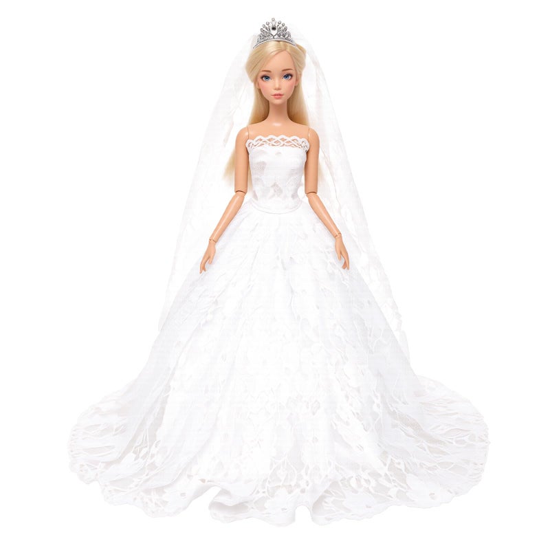 BARWA White Wedding Dress with Veil and Princess Evening Party Clothes Wears Gown Dress Outfit with Hat for 11.5 Inch Girl Doll - Image 2