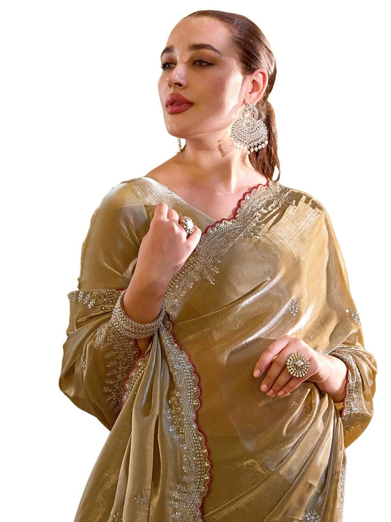 Satrani Women's Tissue Silk Scalloped Border Sequin Embroidery Saree with Unstitched Blouse Piece (4624S6980N_Dark Beige5) - Image 1
