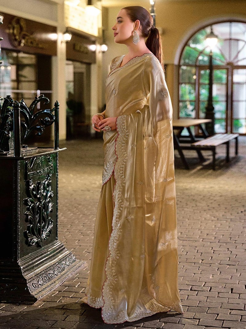 Satrani Women's Tissue Silk Scalloped Border Sequin Embroidery Saree with Unstitched Blouse Piece (4624S6980N_Dark Beige5) - Image 2