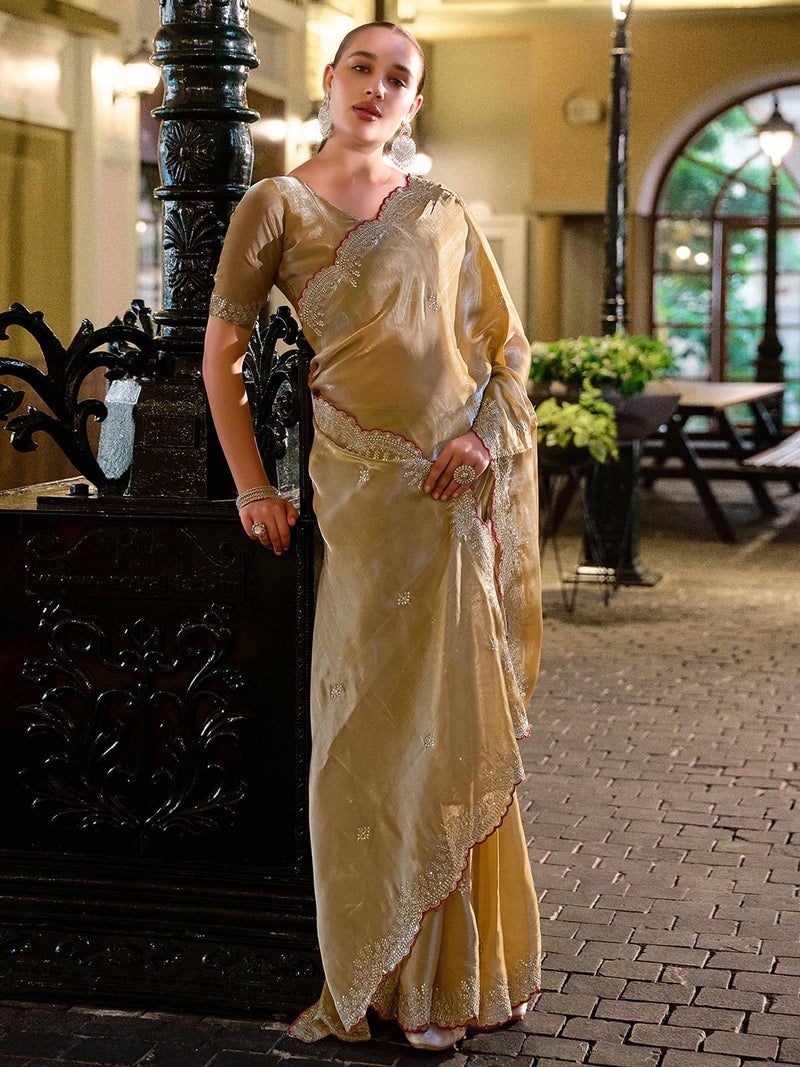 Satrani Women's Tissue Silk Scalloped Border Sequin Embroidery Saree with Unstitched Blouse Piece (4624S6980N_Dark Beige5) - Image 3