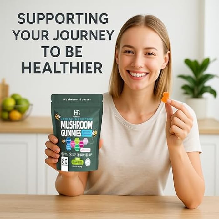 Herbal Bee Organic Ashwagandha & Lions Mane Mushroom Gummies - Reishi, Cordyceps, Turkey Tail, Maitake, Shitake & Chaga, Immune Support & defense, Brain Boost, Vegan, All-in-One Superfood supplement | 80 gummies - Image 4