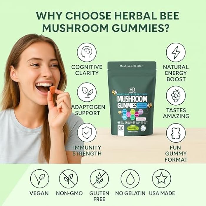 Herbal Bee Organic Ashwagandha & Lions Mane Mushroom Gummies - Reishi, Cordyceps, Turkey Tail, Maitake, Shitake & Chaga, Immune Support & defense, Brain Boost, Vegan, All-in-One Superfood supplement | 80 gummies - Image 5