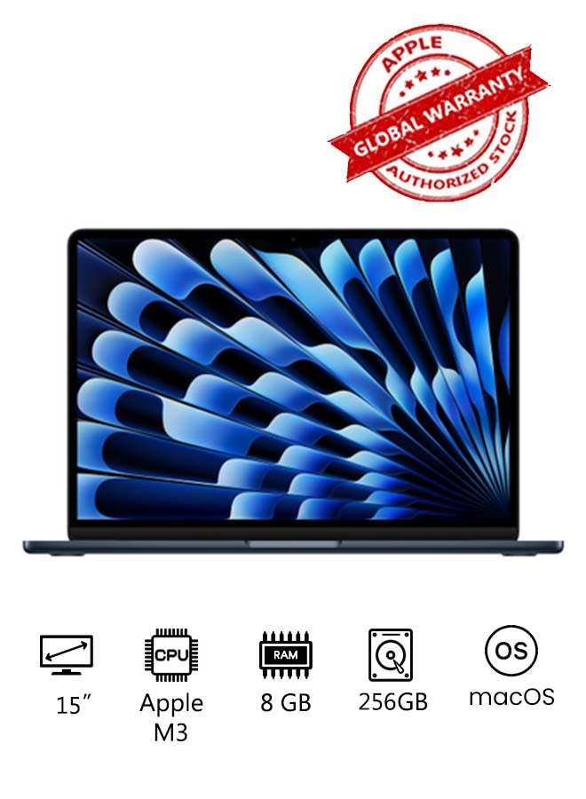 MacBook Air MRYU3 | 15 Inch Display | Apple M3 Chip | 8-Core CPU and 10-Core GPU | 8GB RAM | 256GB SSD | macOS | English And Arabic Keyboard | Midnight