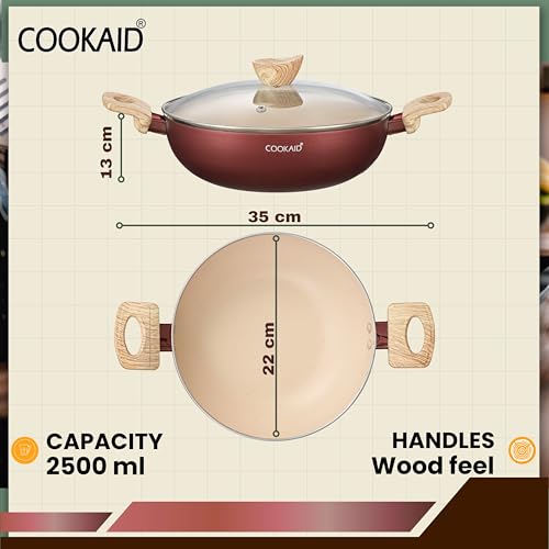 Cookaid Kadhai With Glass Lid 24cm 2.5Litre | Neo Glide Series Non Stic Ceramic Coating PTFE | ISI Certified Aluminium Body |Induction Stovetop |Kitchen Cookware Kadai For Cooking Woks-Metallic Cherry - Image 2