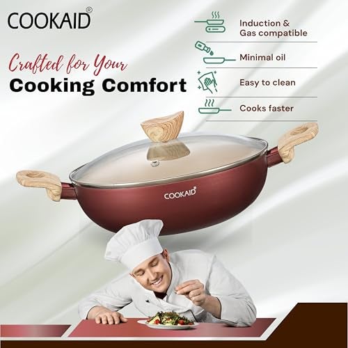 Cookaid Kadhai With Glass Lid 24cm 2.5Litre | Neo Glide Series Non Stic Ceramic Coating PTFE | ISI Certified Aluminium Body |Induction Stovetop |Kitchen Cookware Kadai For Cooking Woks-Metallic Cherry - Image 3