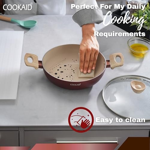 Cookaid Kadhai With Glass Lid 24cm 2.5Litre | Neo Glide Series Non Stic Ceramic Coating PTFE | ISI Certified Aluminium Body |Induction Stovetop |Kitchen Cookware Kadai For Cooking Woks-Metallic Cherry - Image 5