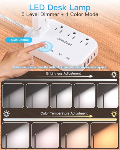 One Beat Power Strip with LED Desk Lamp, 3 Outlets 4 USB Ports(2 USB C) 4 Modes 5 Level Touch Lamp Small Desk Lamp for Home Office Bedroom Bedside Study Reading Light, 5ft Extension Cord, Dorm Room Essentials - Image 3