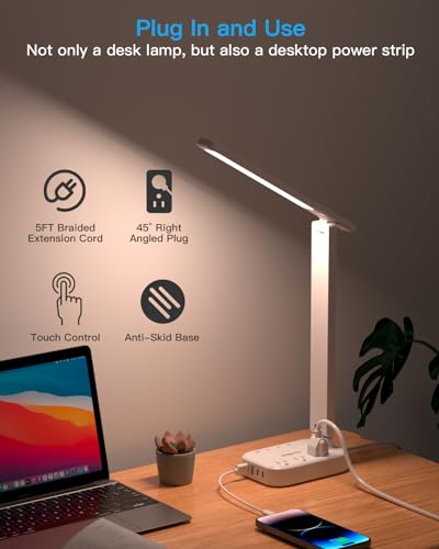 One Beat Power Strip with LED Desk Lamp, 3 Outlets 4 USB Ports(2 USB C) 4 Modes 5 Level Touch Lamp Small Desk Lamp for Home Office Bedroom Bedside Study Reading Light, 5ft Extension Cord, Dorm Room Essentials - Image 4