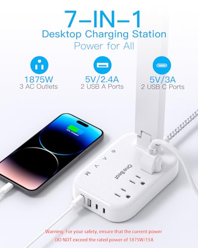 One Beat Power Strip with LED Desk Lamp, 3 Outlets 4 USB Ports(2 USB C) 4 Modes 5 Level Touch Lamp Small Desk Lamp for Home Office Bedroom Bedside Study Reading Light, 5ft Extension Cord, Dorm Room Essentials - Image 2