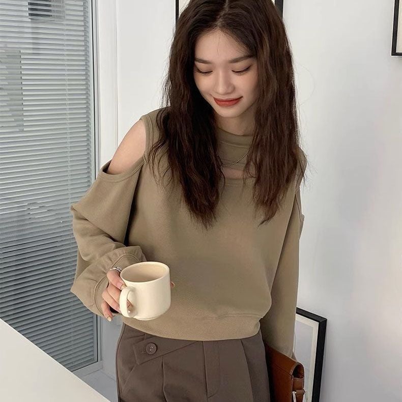 New Shoulder Design Sweater Mimic Hollow Loose Niche Long Sleeve Short Spice Girl Top T-Shirt - Image 1