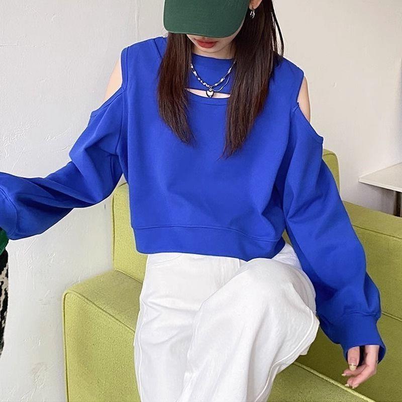 New Shoulder Design Sweater Mimic Hollow Loose Niche Long Sleeve Short Spice Girl Top T-Shirt - Image 3