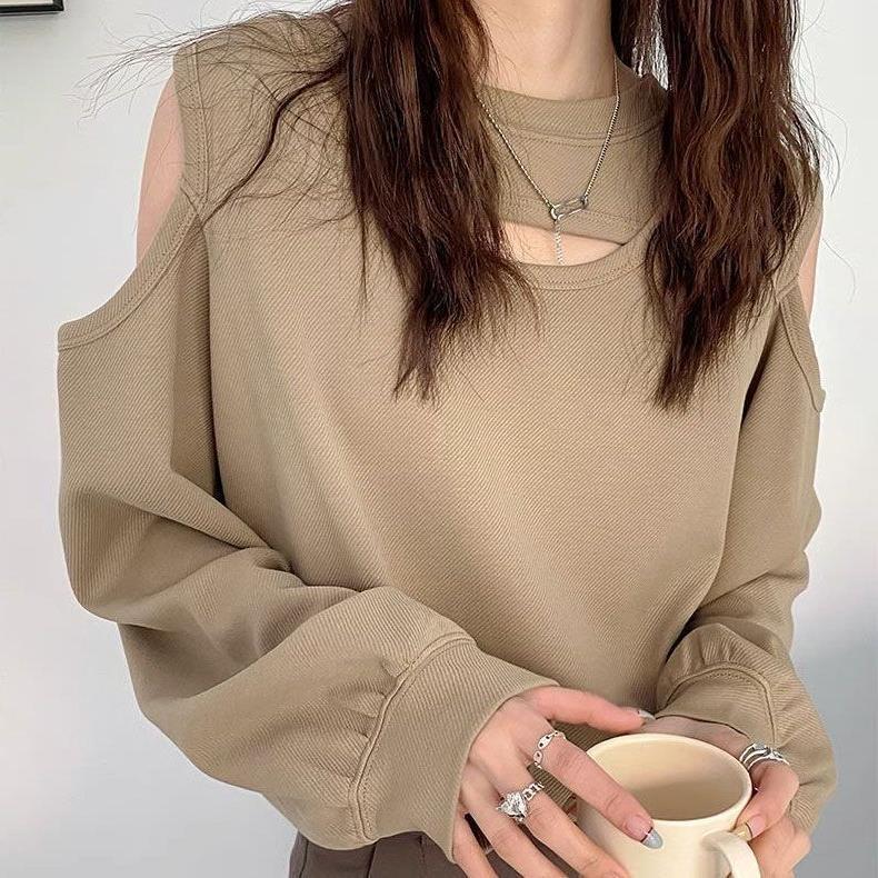New Shoulder Design Sweater Mimic Hollow Loose Niche Long Sleeve Short Spice Girl Top T-Shirt - Image 4