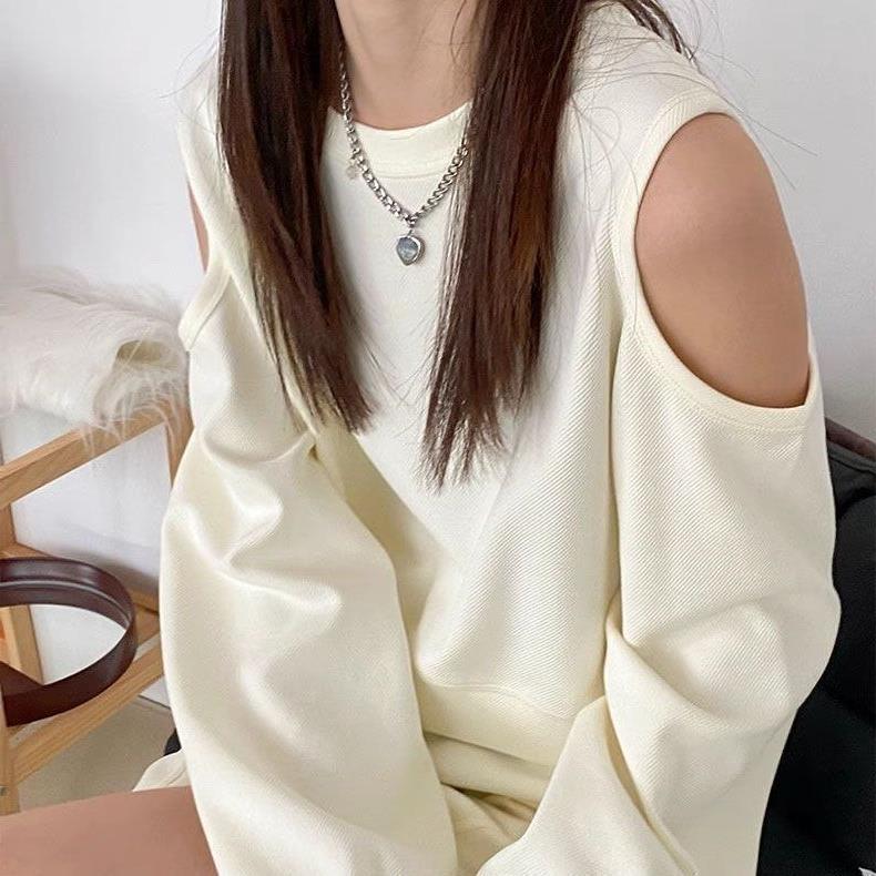 New Shoulder Design Sweater Mimic Hollow Loose Niche Long Sleeve Short Spice Girl Top T-Shirt - Image 5