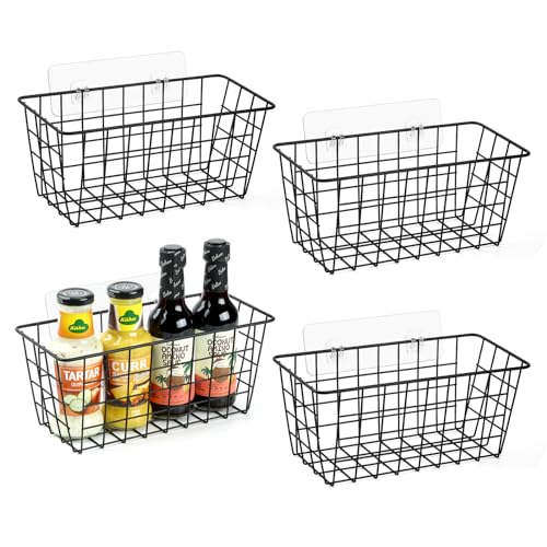 ZUSHALLMY 2 Pack Hanging Kitchen Baskets, Adhesive Wire Wall Storage Basket, No Drilling Hanging Fruit Baskets, Cabinet Door Organizer for Kitchen Bathroom Pantry, Upgrade Super-sized Adhesive - Image 1