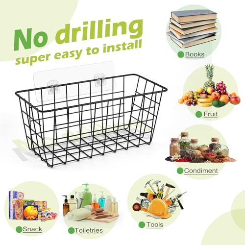 ZUSHALLMY 2 Pack Hanging Kitchen Baskets, Adhesive Wire Wall Storage Basket, No Drilling Hanging Fruit Baskets, Cabinet Door Organizer for Kitchen Bathroom Pantry, Upgrade Super-sized Adhesive - Image 3