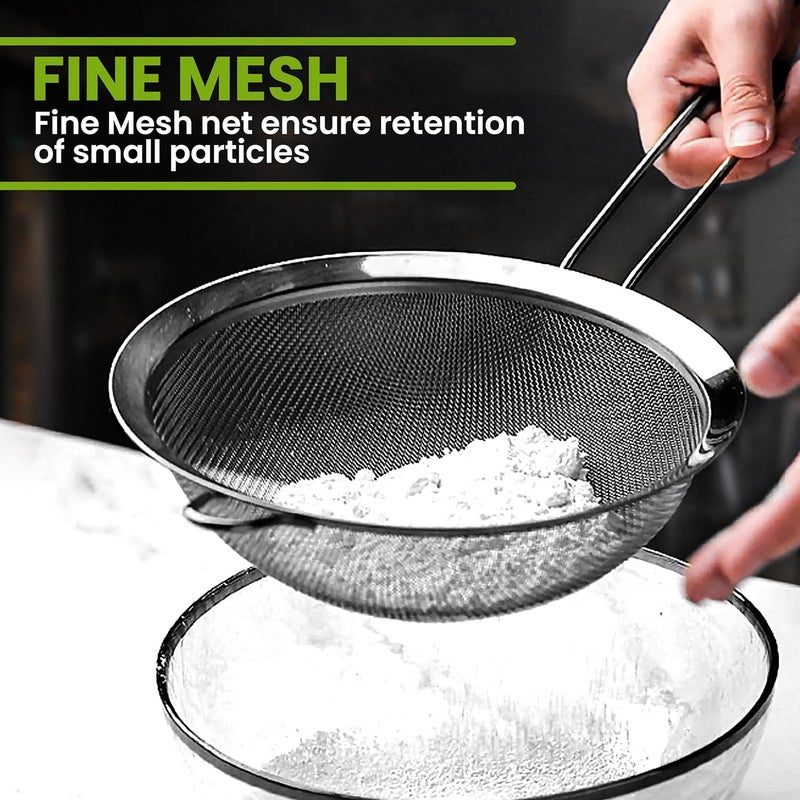 KAFOOR KITCHENISTIC Fine Mesh Stainless Steel Strainer Set of 2 - Large Round Strainer and Small Conical Sieve - Ideal to Strain Pasta Noodles, Quinoa, Tea, Coffee, Juices Sift & Sieve Flour & Powdered Sugar - Image 2