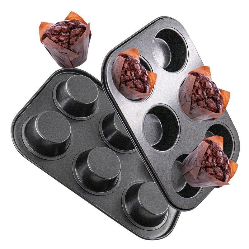 DRAONGYE 2 Packs Round Muffin Baking Pan Premium Steel Muffin Pan for Baking Cupcake Tin Cheesecake Pans Bakeware Muffin Top Pan 6 CupsBlack