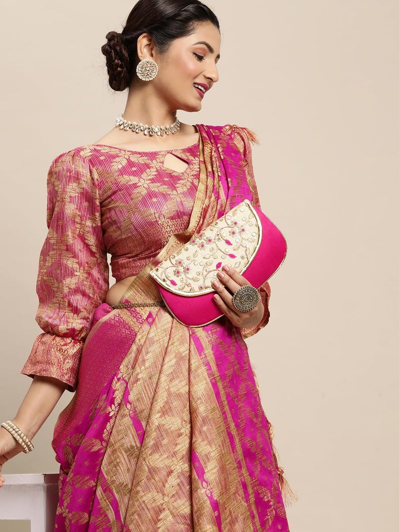 SIRIL Women's Jacquard Cotton Silk Saree with Unstitched Blouse Piece (1415S151_Pink) - Image 5