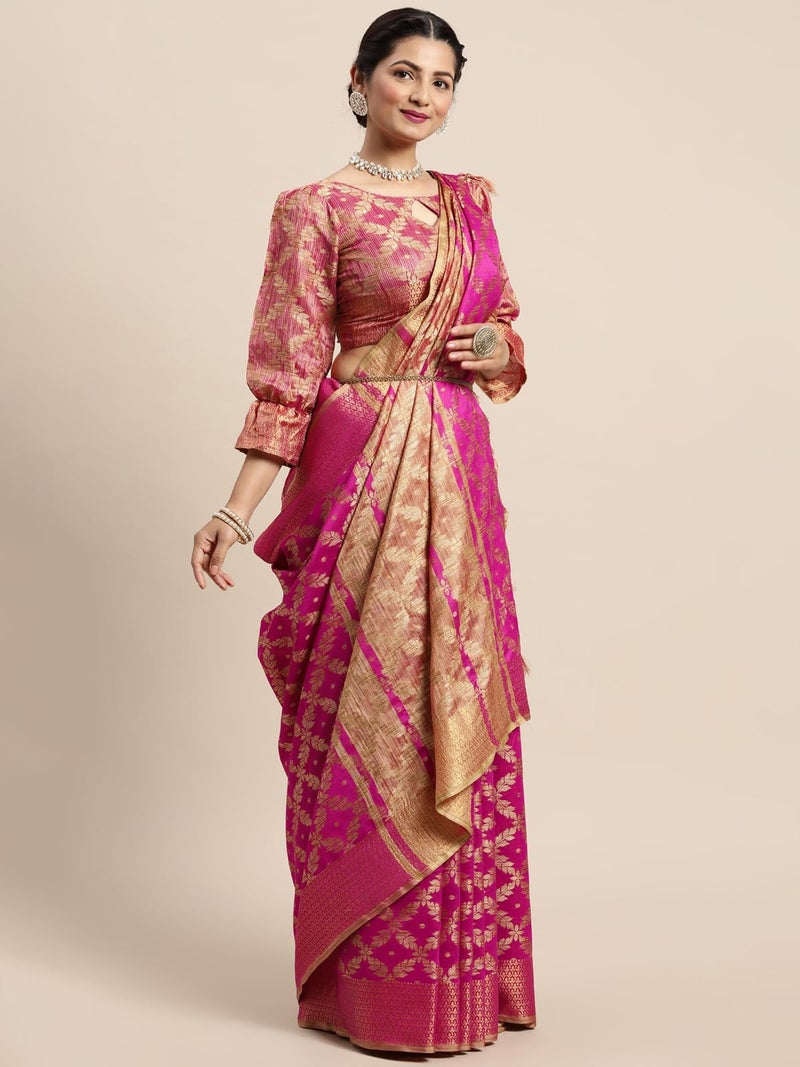 SIRIL Women's Jacquard Cotton Silk Saree with Unstitched Blouse Piece (1415S151_Pink) - Image 2
