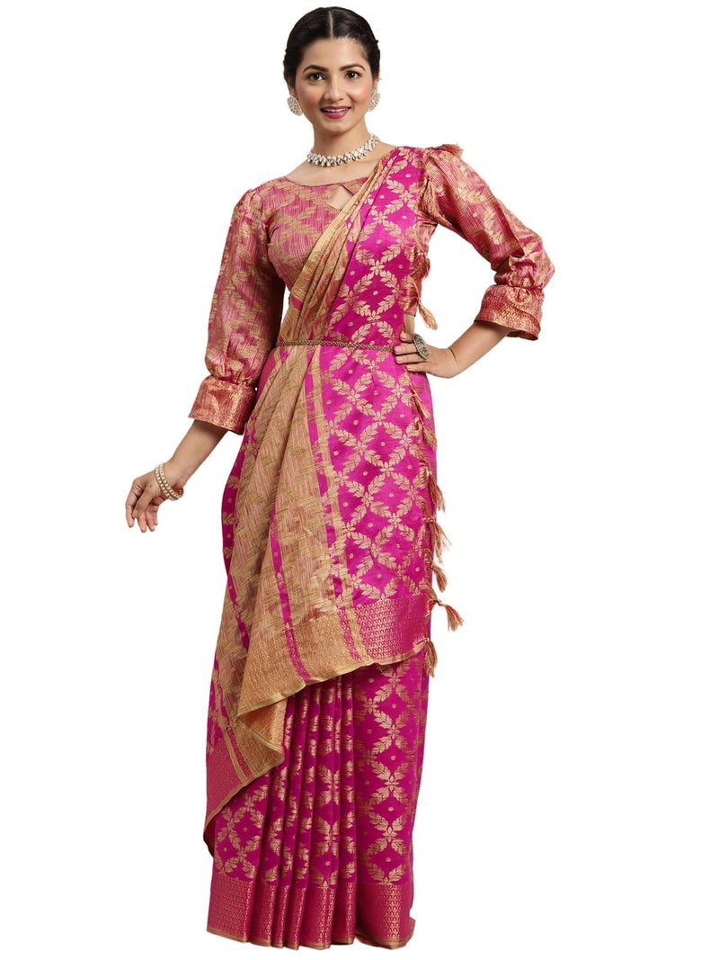 SIRIL Women's Jacquard Cotton Silk Saree with Unstitched Blouse Piece (1415S151_Pink) - Image 1