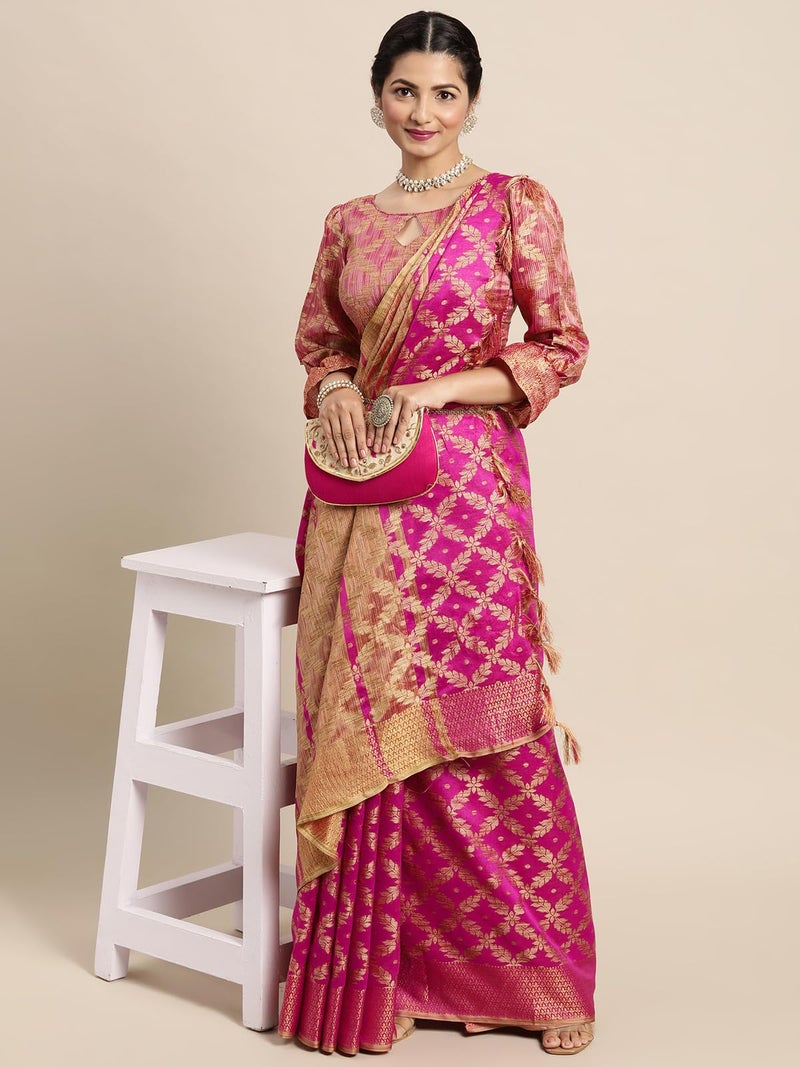 SIRIL Women's Jacquard Cotton Silk Saree with Unstitched Blouse Piece (1415S151_Pink) - Image 4