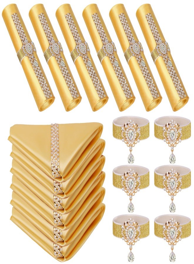 VIJIV Set of 12 Gold Napkin Rings and Gold Satin Cloth Napkin with Bling Square 17x17, Rhinestone Elastic Ring Napkin Holder for Dinner Table Decor, Beaded Serviette for Wedding Party Bridal Shower - Image 1