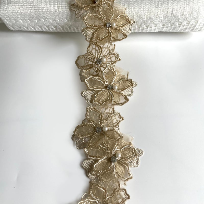 2 Yards 3D Pearl Beads Flower Lace Trim Ribbon Floral Applique Embroidered Lace Fabric for Sewing DIY Crafts Brown