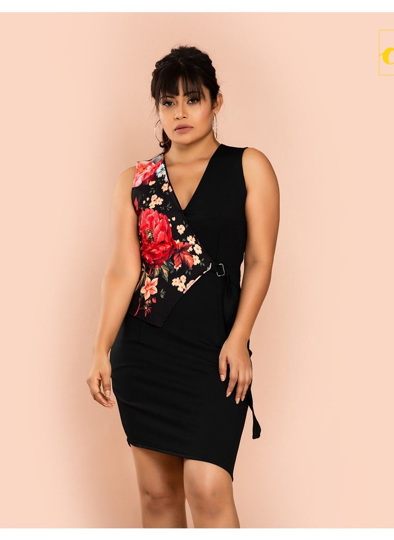 CH Glamstore Sleeveless Workwear Bodycon Dress with Floral Print Crossover Panel  - Image 1
