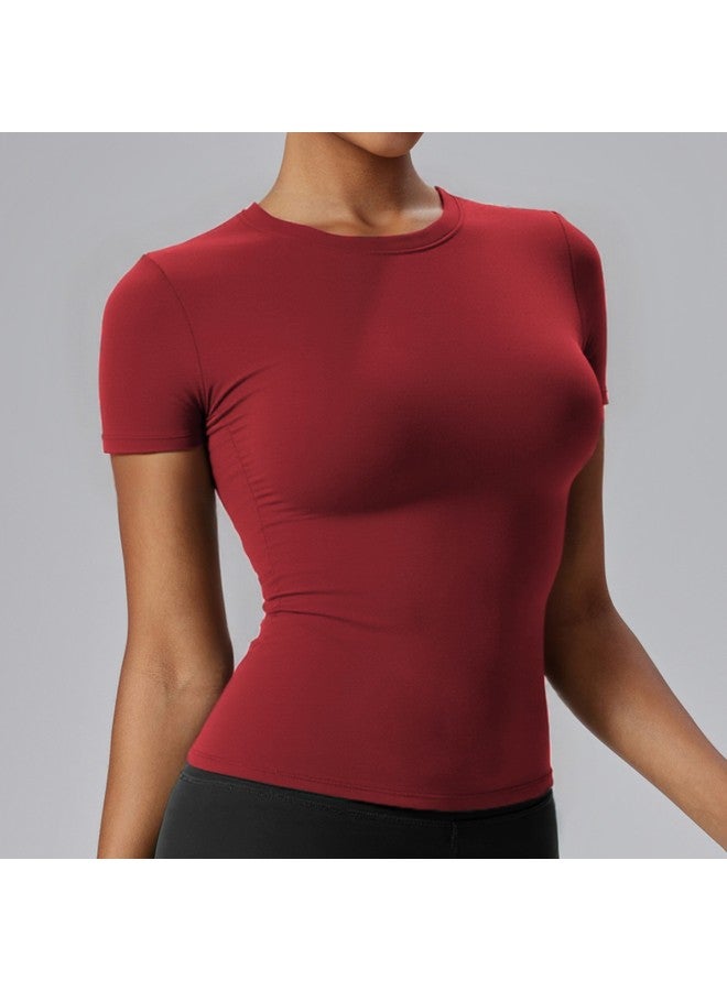 American-style Solid Color Short-sleeve Regular Shoulder T-shirt For Women, Naked-feel Quick-dry Yoga Wear, Slim-fit, Slimming Sports Fitness Running Top